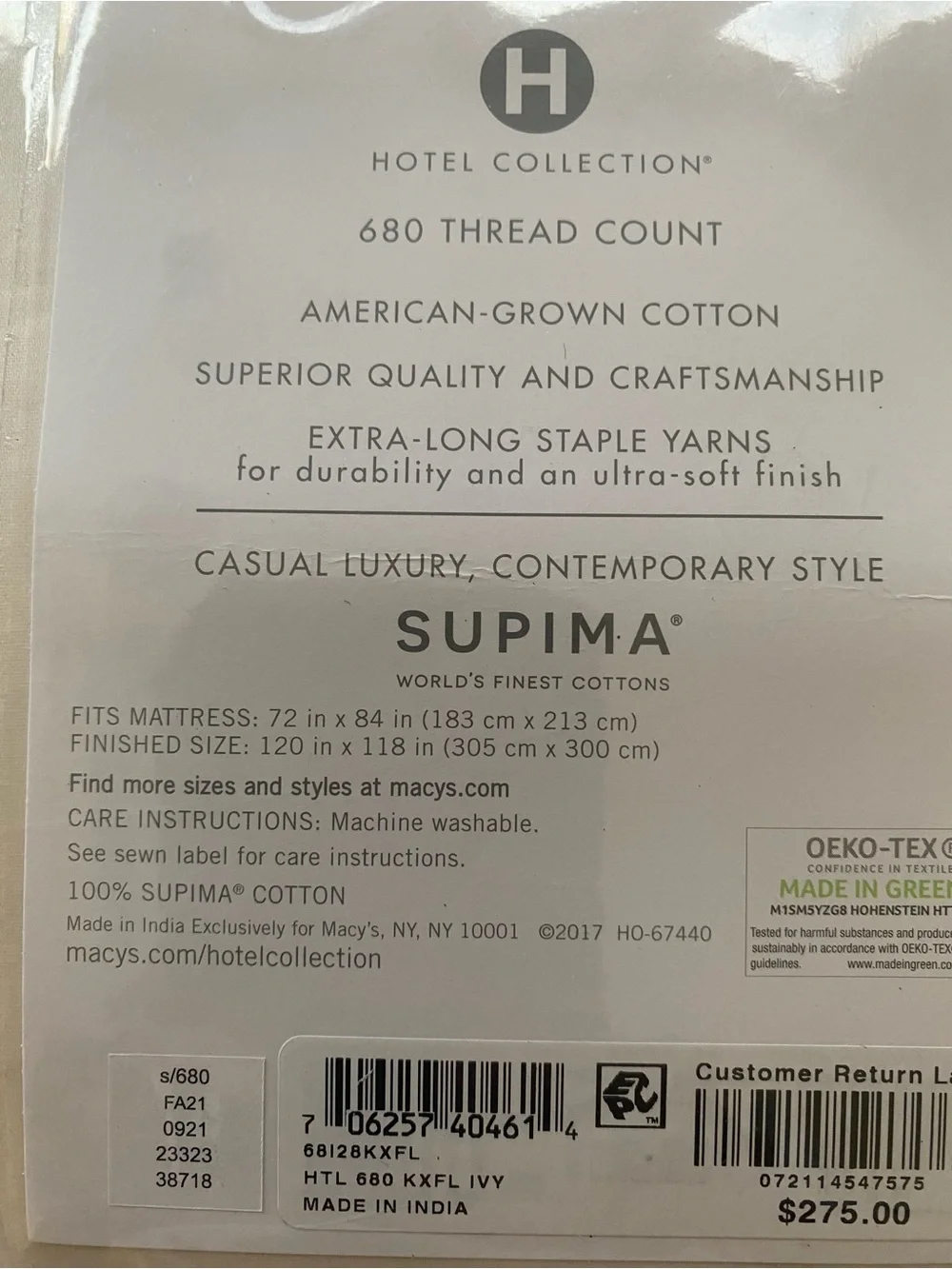 Hotel Collection 680 Thread Count Cotton KING EXTRA DEEP Flat Sheet Ivory New /D